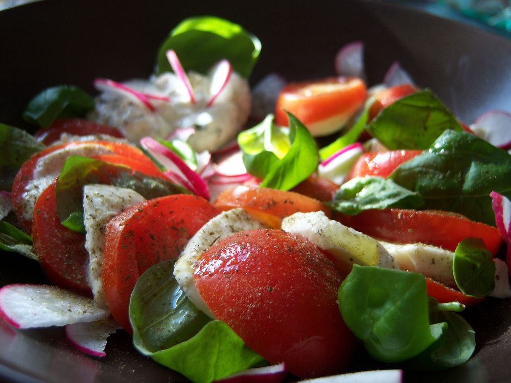 Free closeup of Caprese salad photo, public domain food CC0 image.
