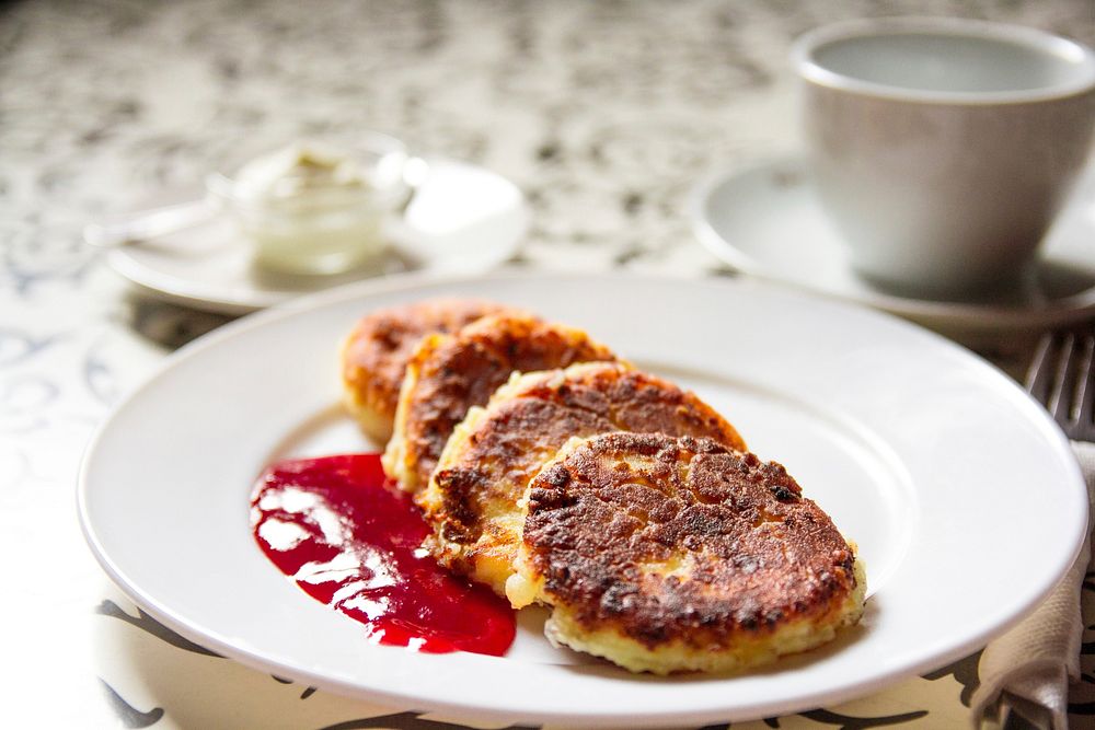 Free pancake and strawberry jam image, public domain food CC0 photo.