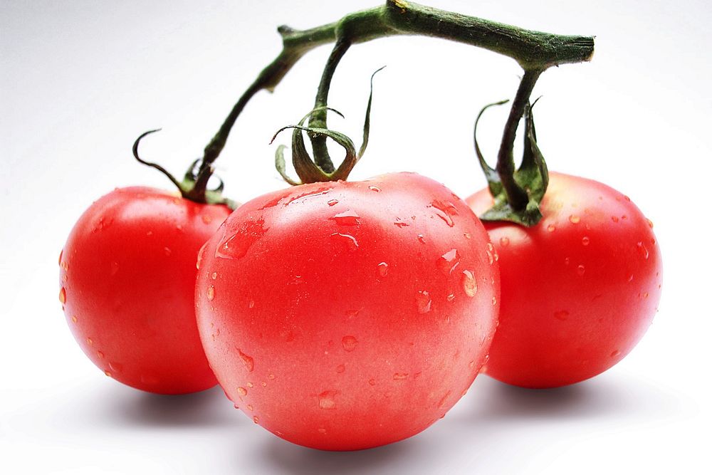 Free image of three tomatoes on a stem, public domain CC0 photo.