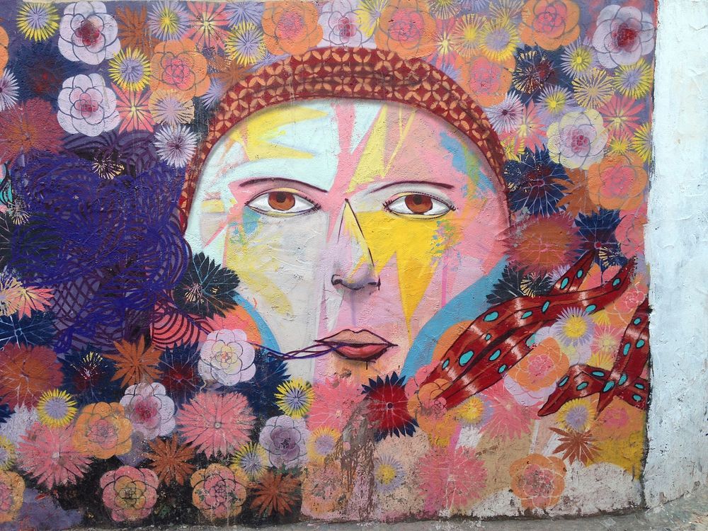 Free woman's face with flowers mural graffiti image, public domain CC0 photo.