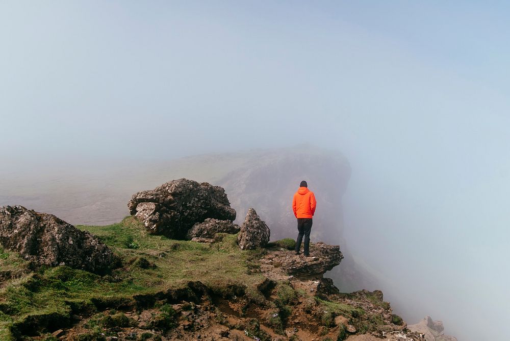 Free man on misty mountain image, public domain adventure CC0 photo.