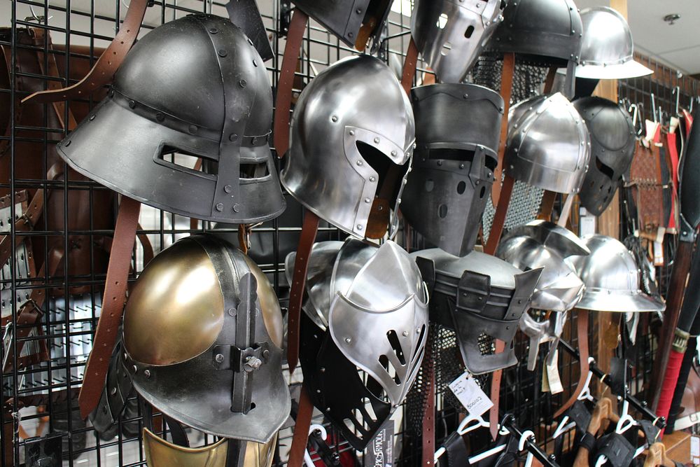 Medieval helmets. Free public domain CC0 photo.