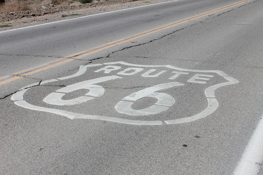Free historic US 66 sign on road image, public domain CC0 photo.