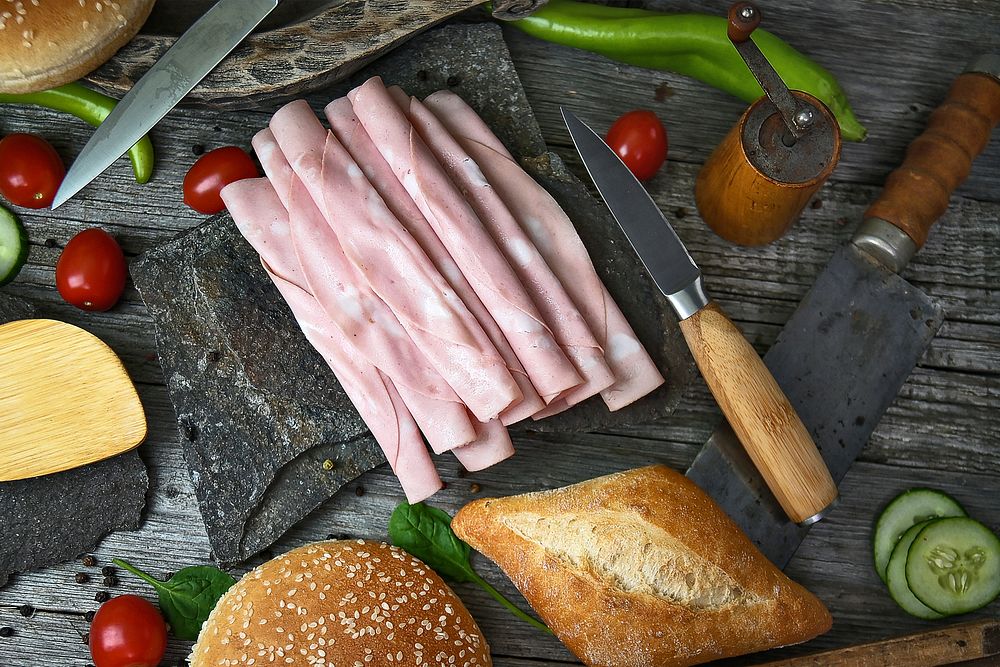 Free cold ham in the kitchen image, public domain food CC0 photo.