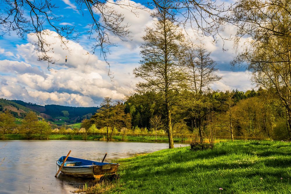 Free old row boat on the side of a lake with beautiful nature image, public domain CC0 photo.