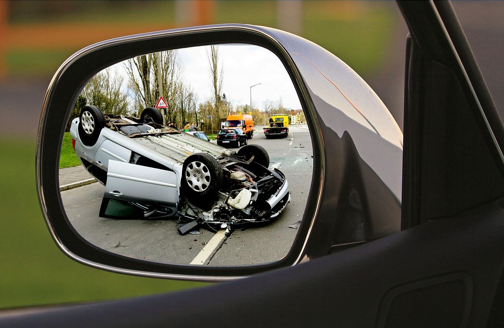 Free car accident reflection in mirror image, public domain car CC0 photo.