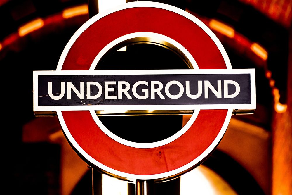 London Underground, station platform logo. London, UK - 02/02/2017