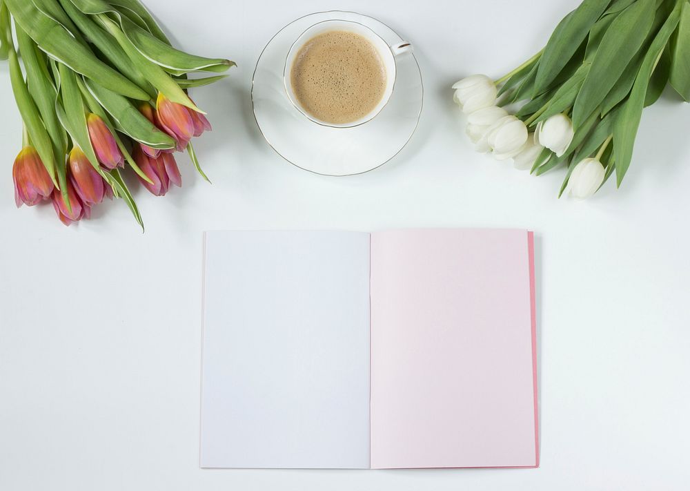 Free coffee, tulip, and a notebook image, public domain food & flower CC0 photo.