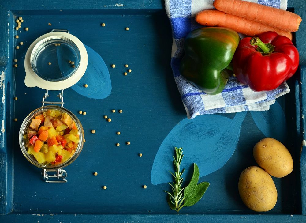 Free vegetables on blue food tray photo, public domain food CC0 image.