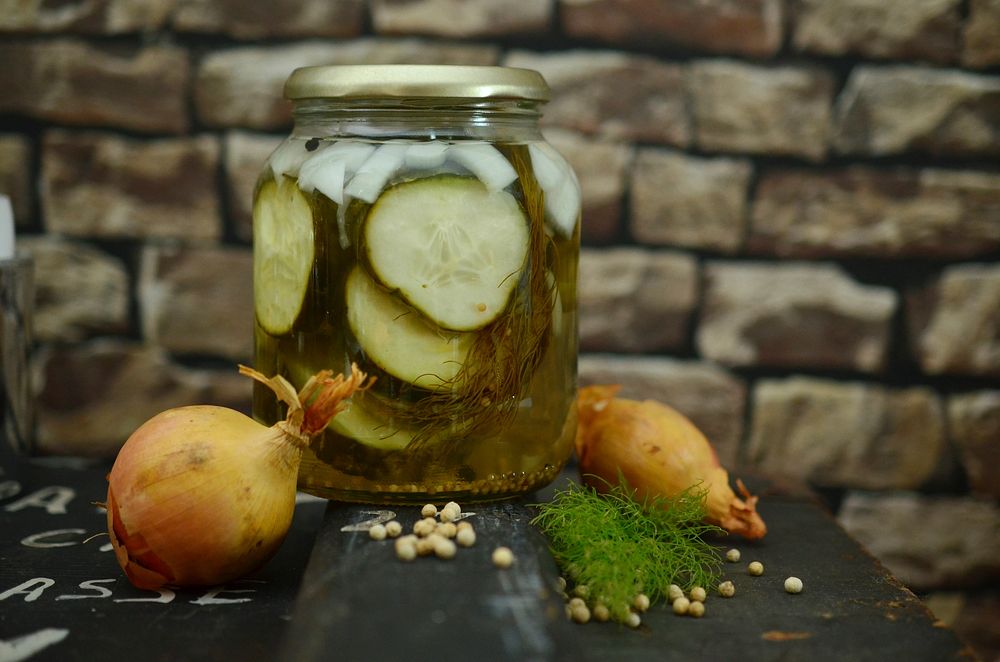 Free pickled cucumber and onion image, public domain vegetables CC0 photo.