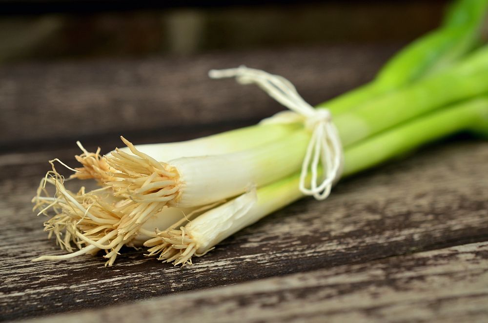 Free spring onion roots bundle, scallions on wooden table photo, public domain vegetable CC0 image.