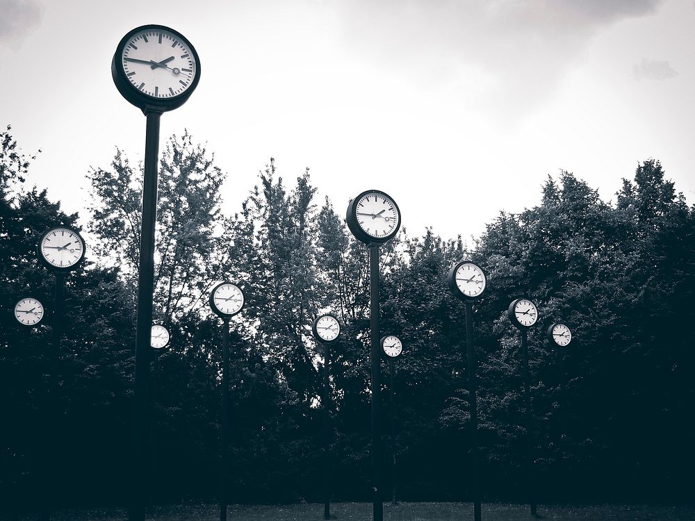 Free clocks in the clock park in Düsseldorf, Germany image, public domain CC0 photo.