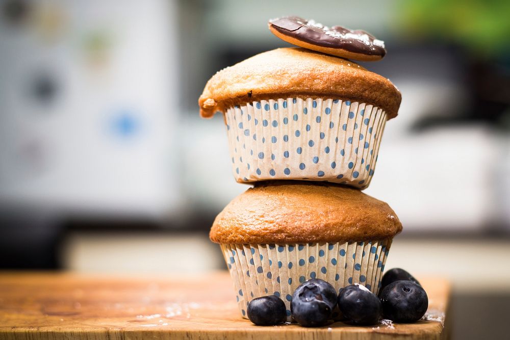 Free stacked muffins with blueberries and chocolate biscuit image, public domain dessert CC0 photo.