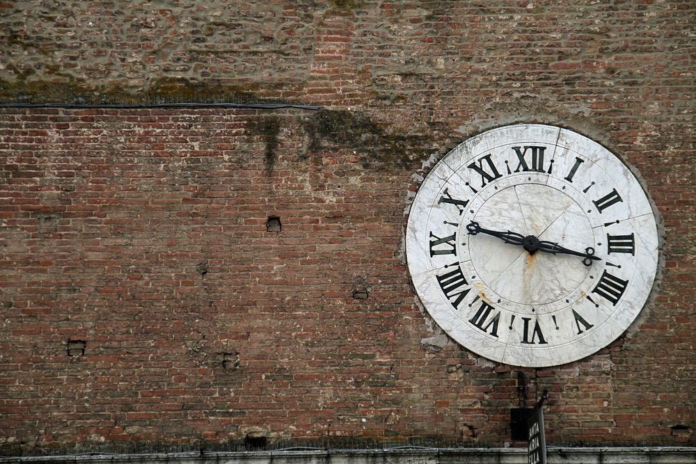 Free clock on brick wall image, public domain CC0 photo.