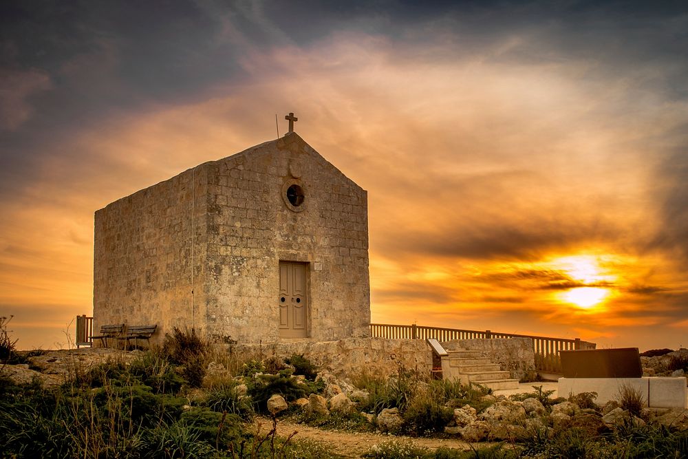 Free St Mary Magdalene Chapel at sunset, Dingli, Malta photo, public domain travel CC0 image.