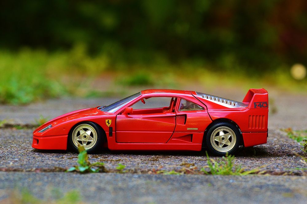 Red Ferrari sports car model. Location Unknown. Date Unknown.
