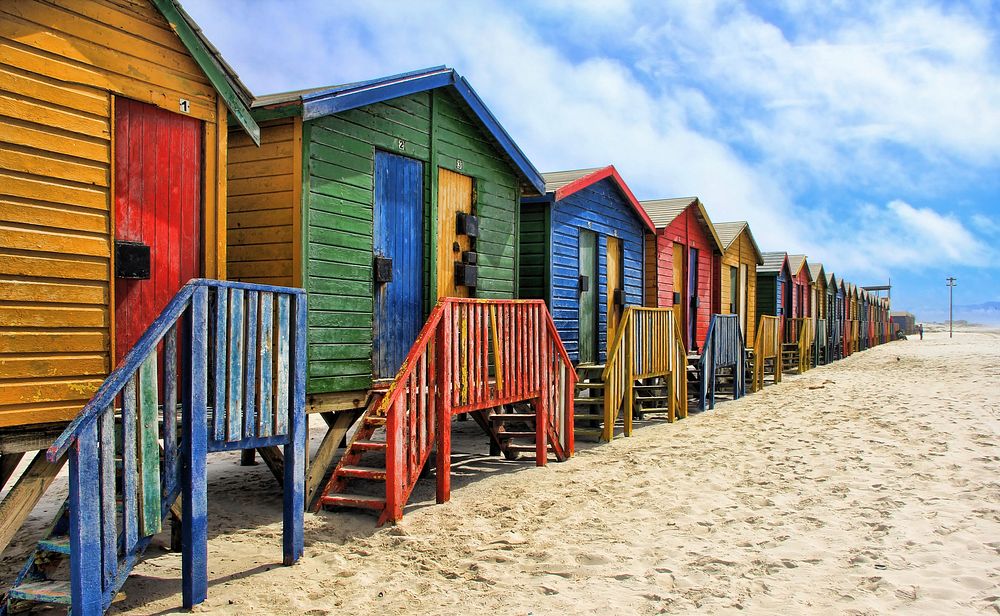 Free colorful beach huts image, public domain shelter CC0 photo.