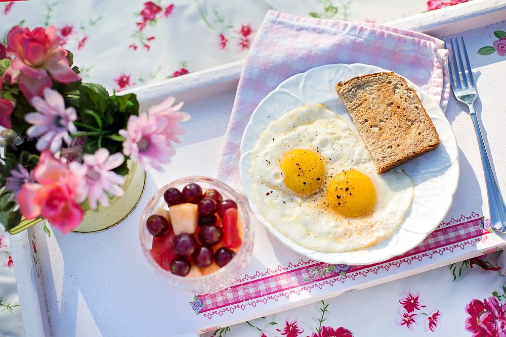 Free fried egg, toast and fruit on the table image, public domain food CC0 photo.