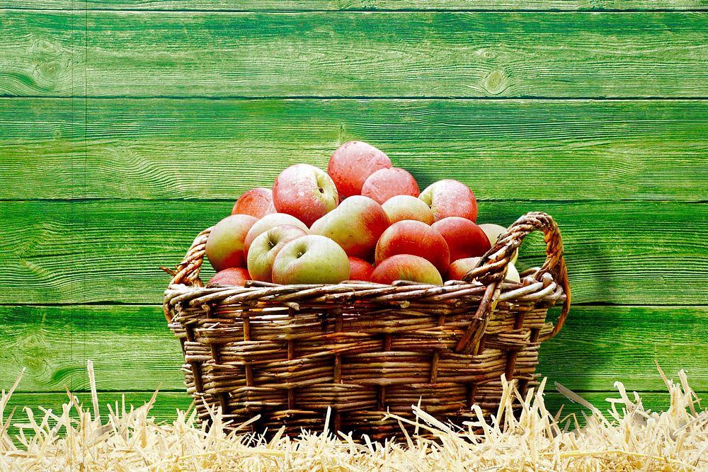 Free red apple in basket image, public domain fruit CC0 photo.