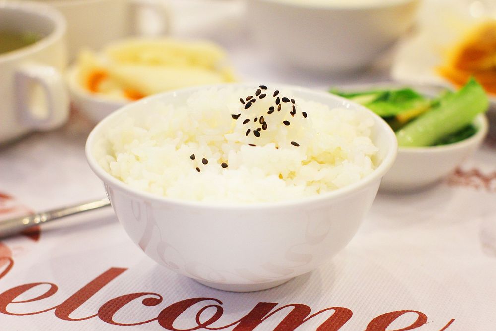 Free steamed rice bowl, sesame photo, public domain food CC0 image.