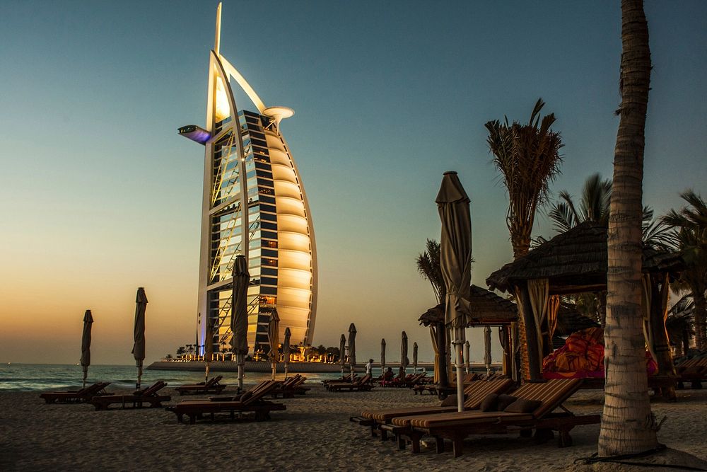 Free Burj Al Arab at sunset photo, public domain travel CC0 image.