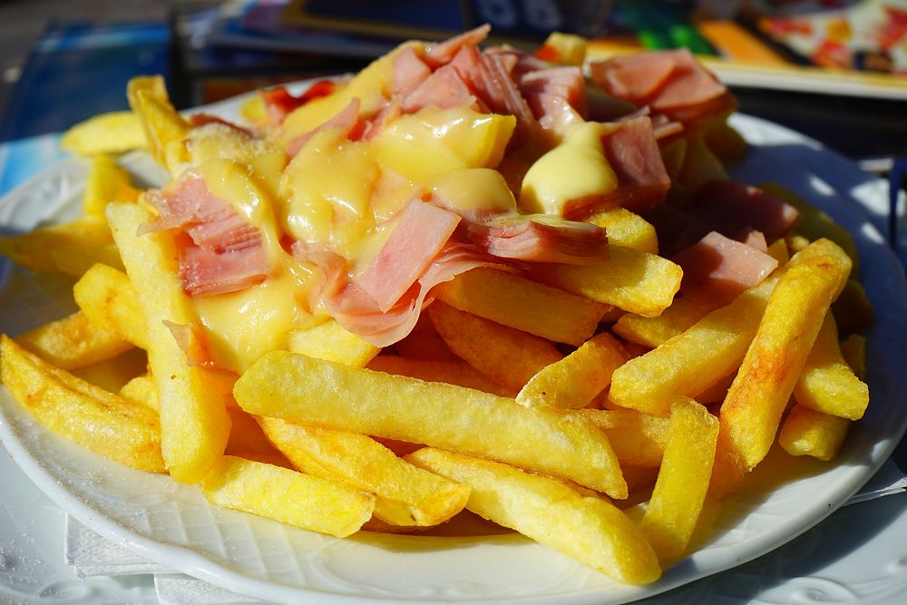 Free fries with cheese sauce image, public domain food CC0 photo.