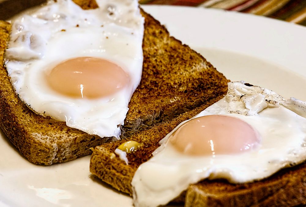 Free fried egg on toast bread image, public domain food CC0 photo.
