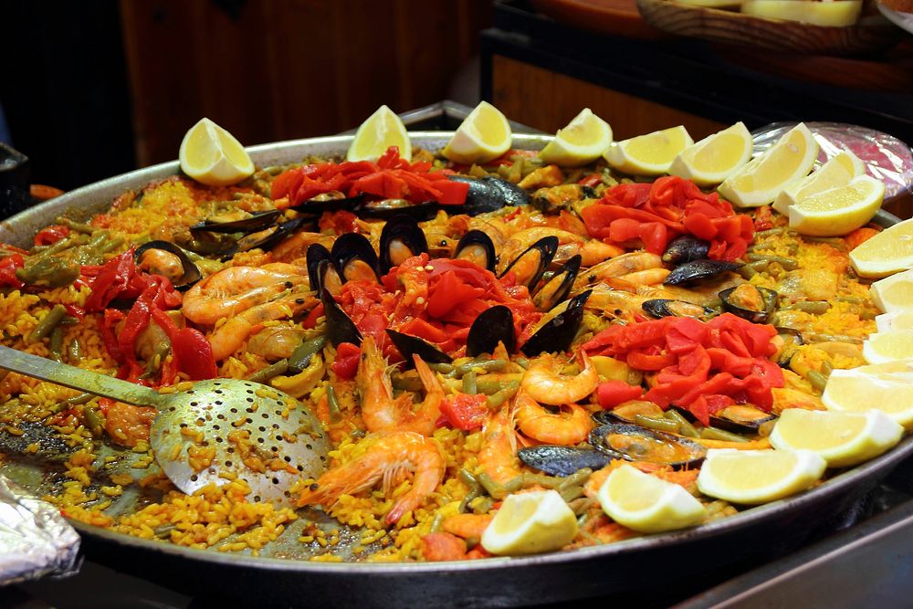 Free seafood paella, public domain Spanish food CC0 photo.
