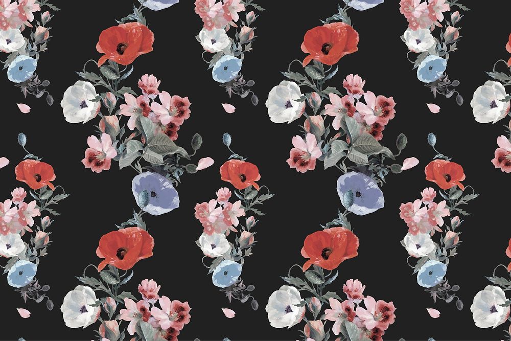 Black floral pattern background, natural design vector, remixed from original artworks by Pierre Joseph Redouté