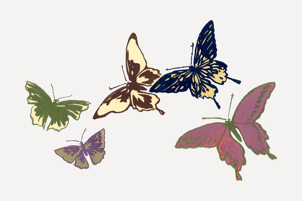 Japanese woodblock butterfly collage element, vintage illustration vector