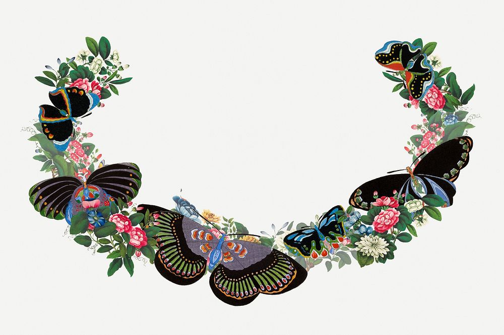 Vintage butterfly wreath, Japanese style illustration