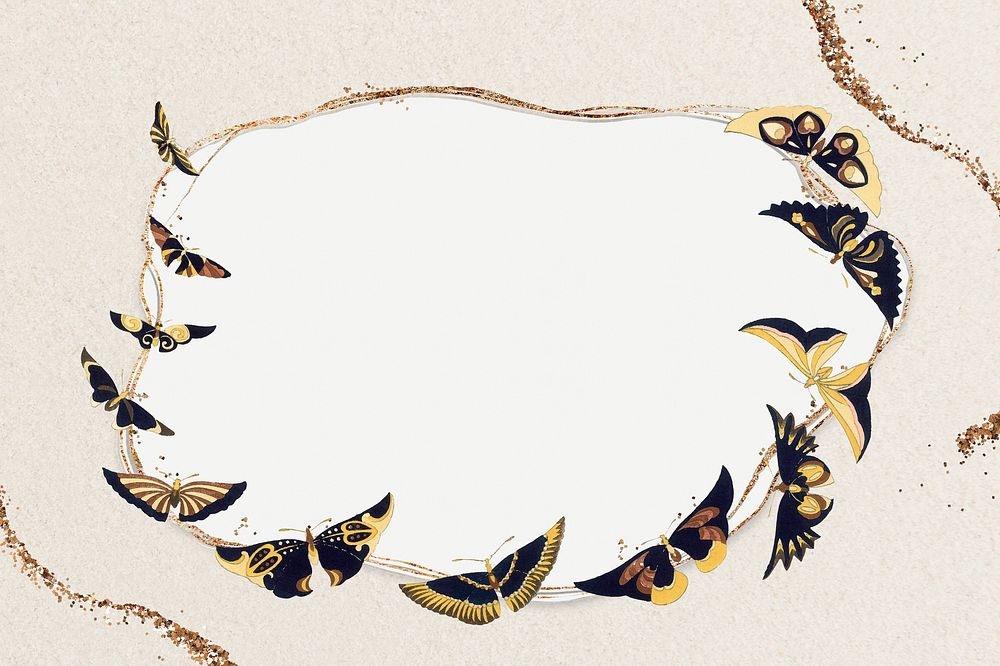 Beige butterfly frame background, gold glitter design