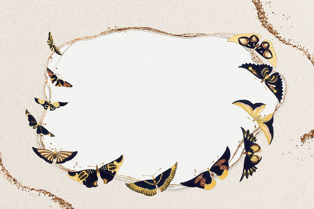 Beige butterfly frame background, gold glitter design psd