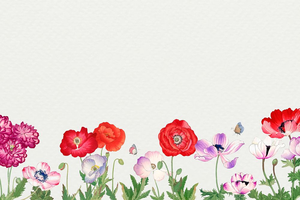 Poppy flower border background, blank space, vintage Japanese art vector