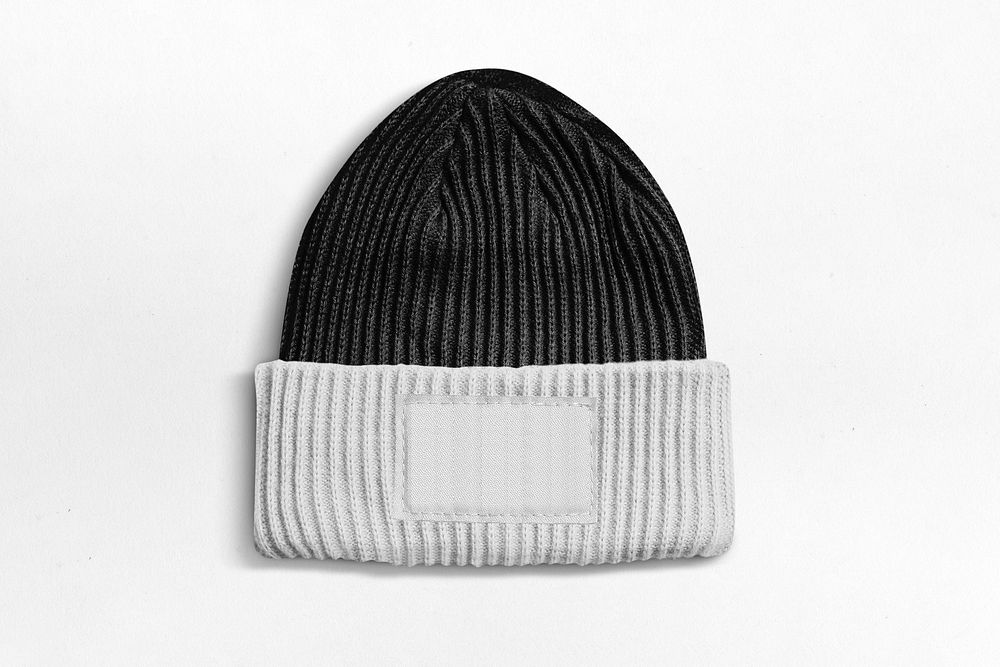 Black and white beanie, minimal apparel, blank label with design space