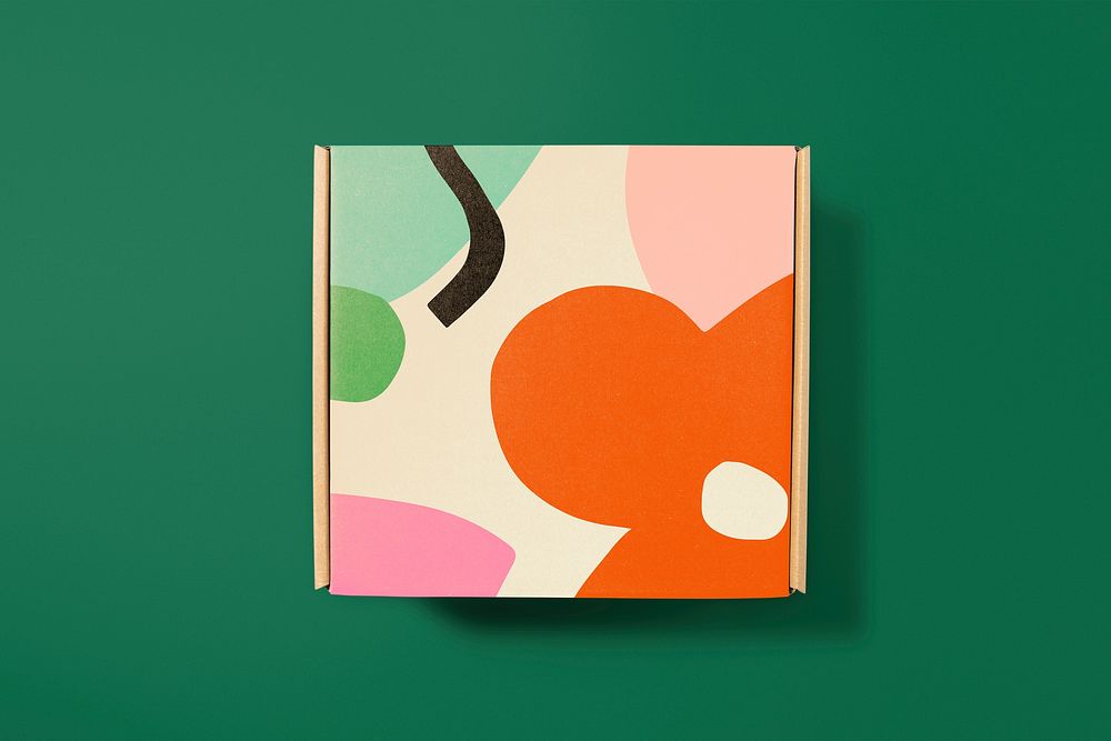 Floral box, delivery packaging flat lay design