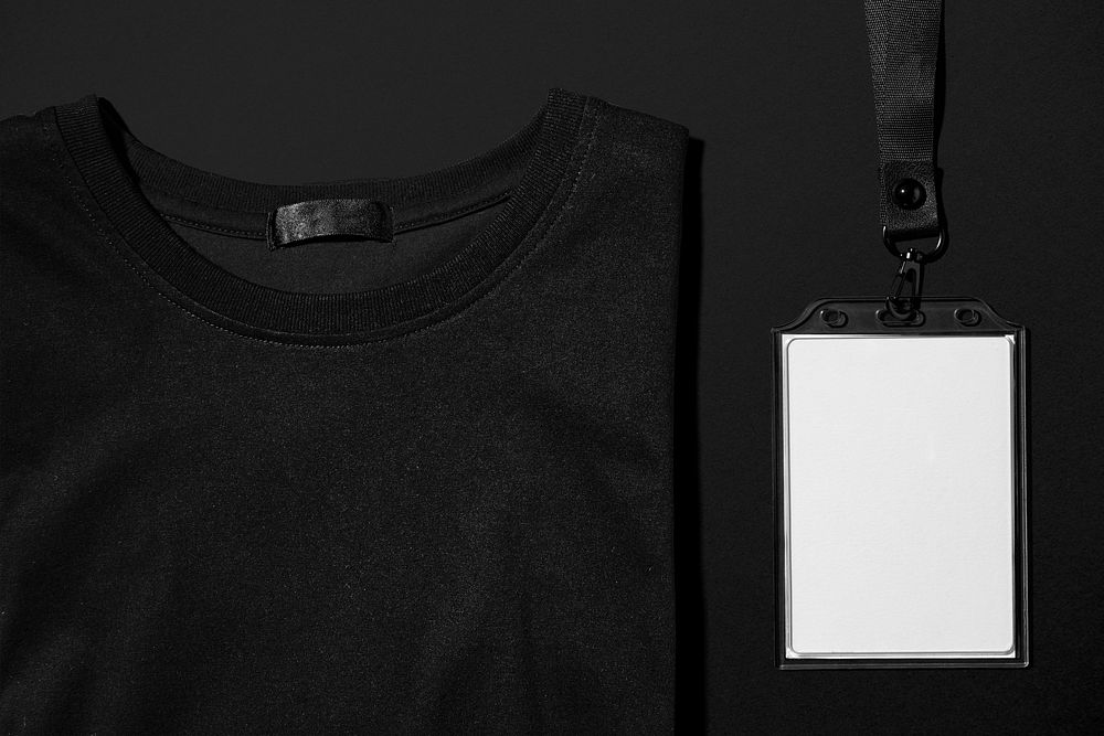 Black tee, blank white ID card holder