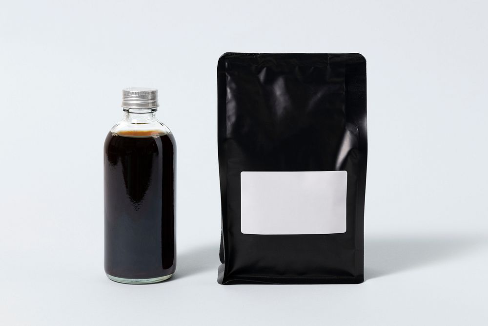 Cold brew coffee bottle and coffee bag with blank label, product branding design