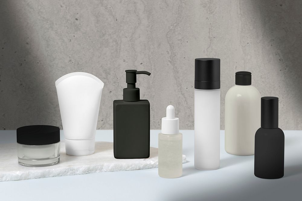Minimal skincare bottles, beauty business branding design