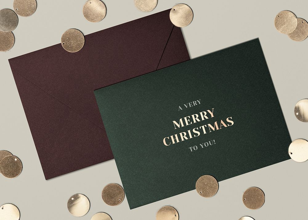 Christmas greeting card, red and green envelope, gold confetti