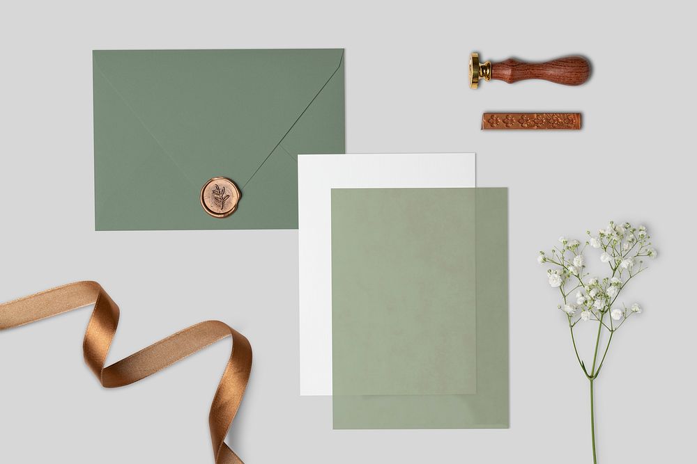 Wedding invitation card, green envelope with wax seal, flat lay design