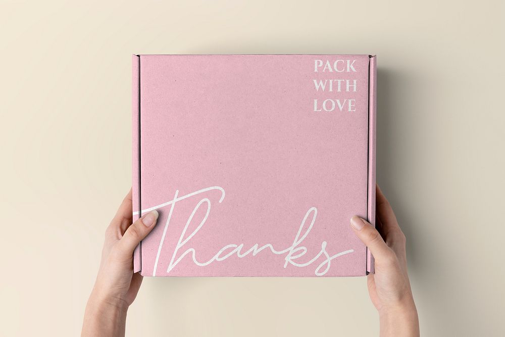 Pink box, product packaging flat lay design, thanks text