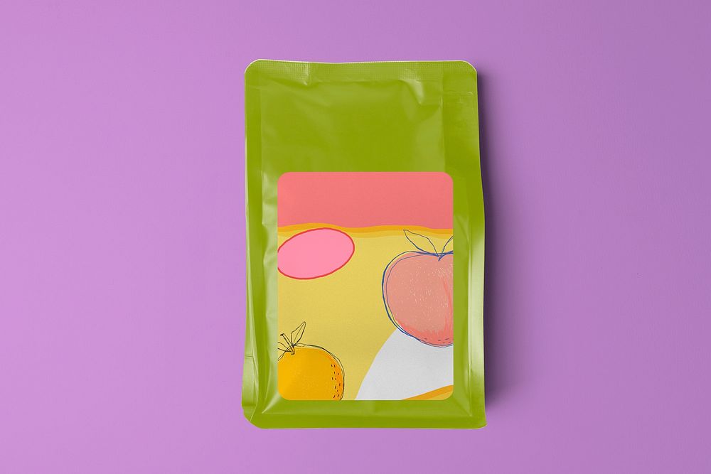 Green coffee bag,yellow label, product packaging, flat lay design