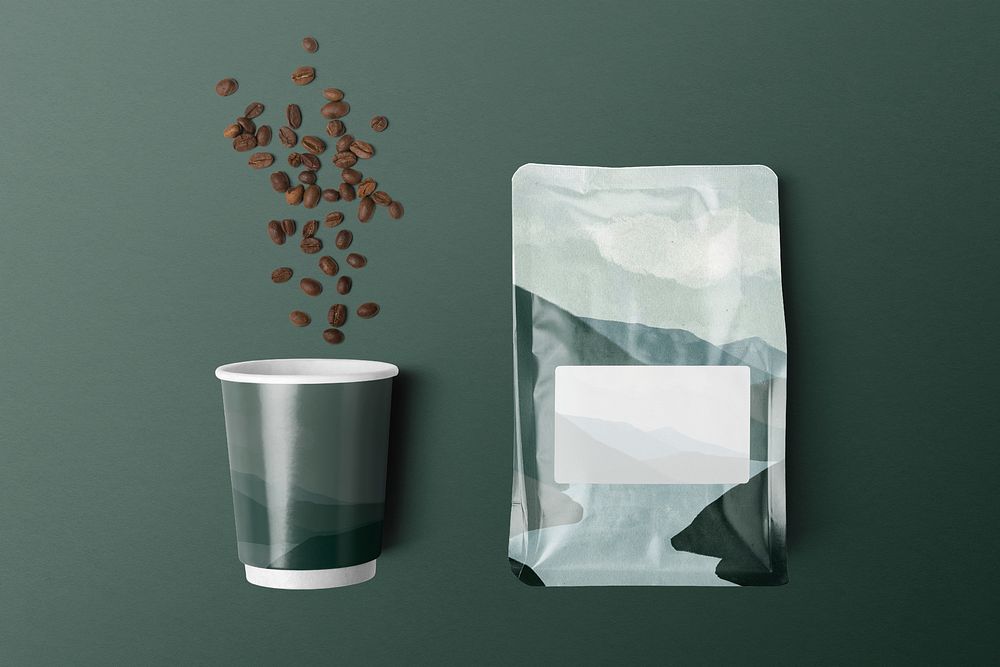 Aesthetic coffee bag and paper cup, product packaging, flat lay design