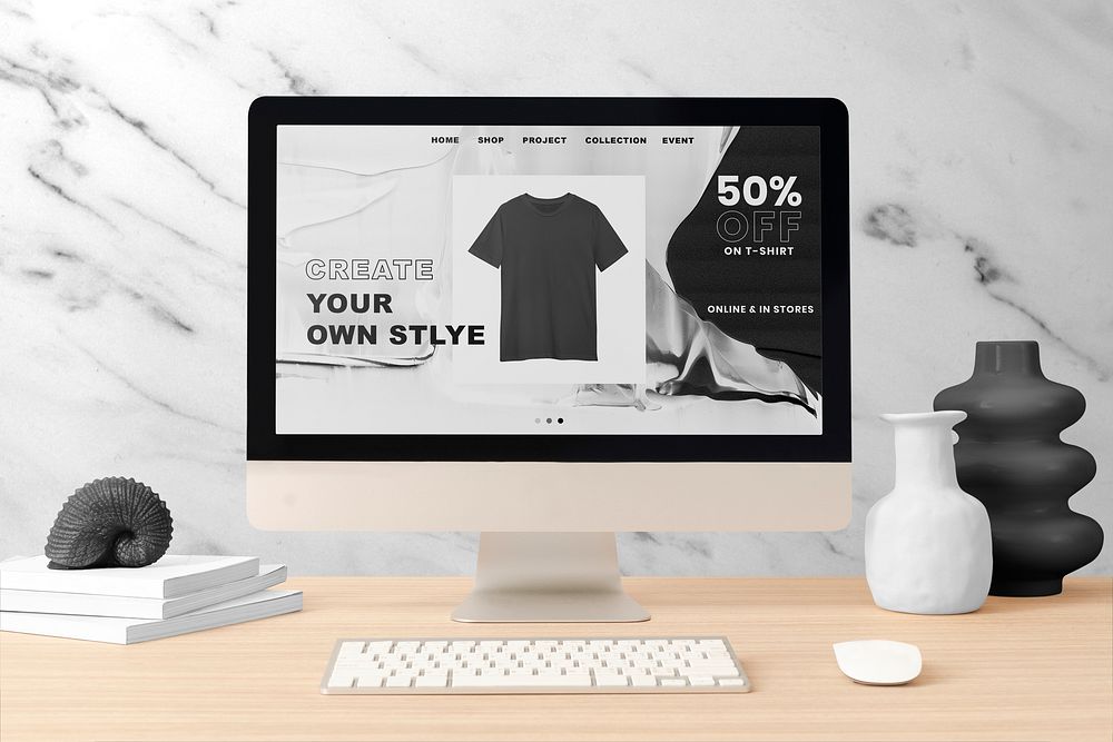 Computer desktop, online clothes shop, minimal workspace