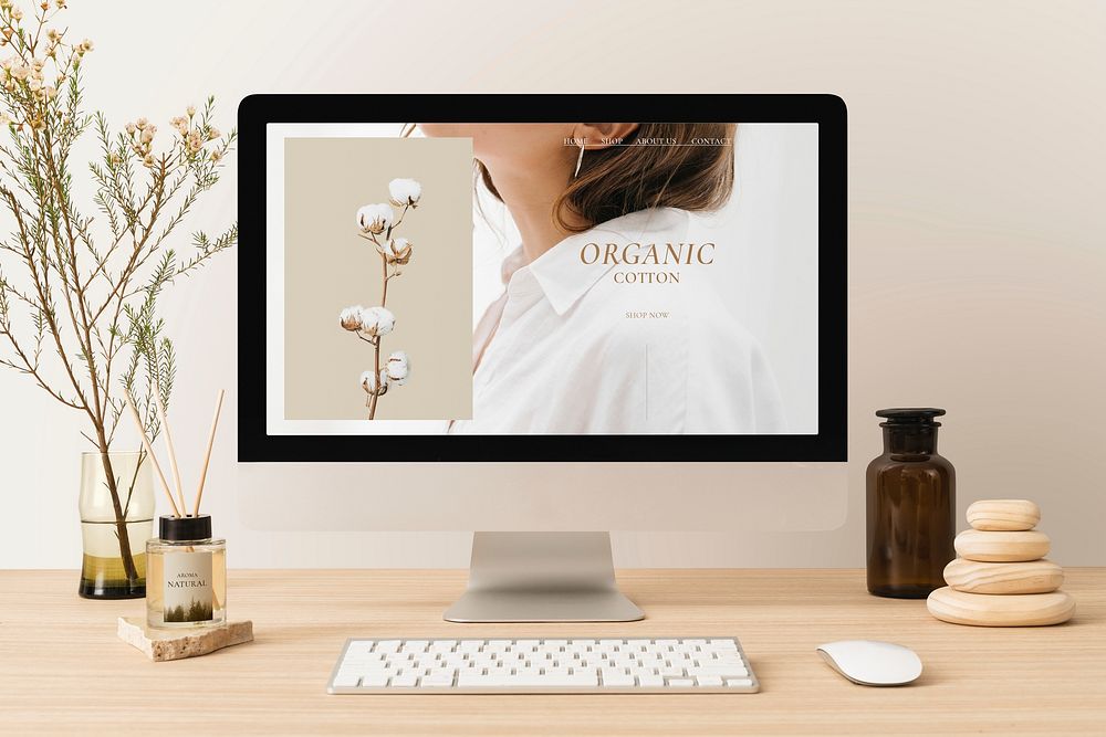 Computer desktop, online organic clothes shop, minimal workspace
