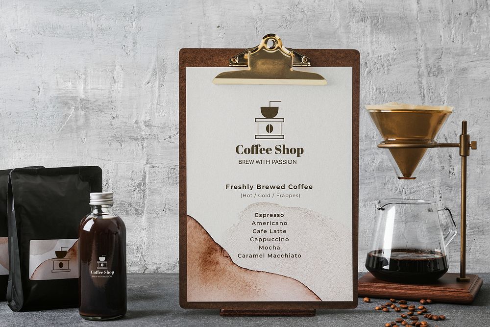 Coffee menu on clipboard, coffee shop decoration