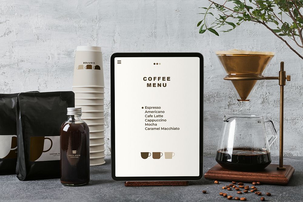 Digital device set, minimal workspace, showing coffee menu