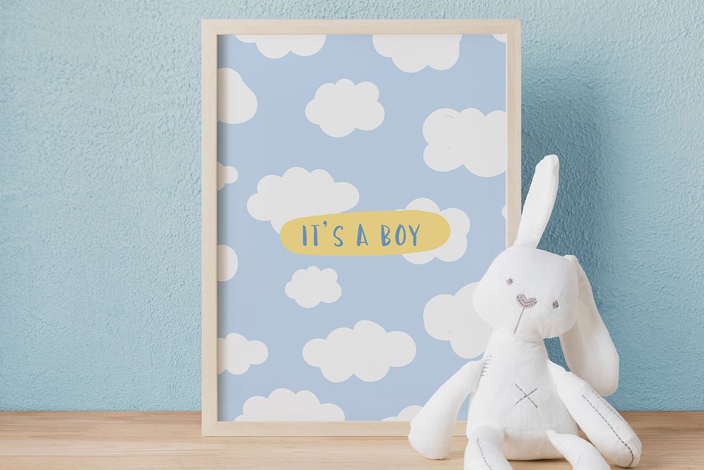 Kids room decoration, wooden picture frame, plush rabbit toy