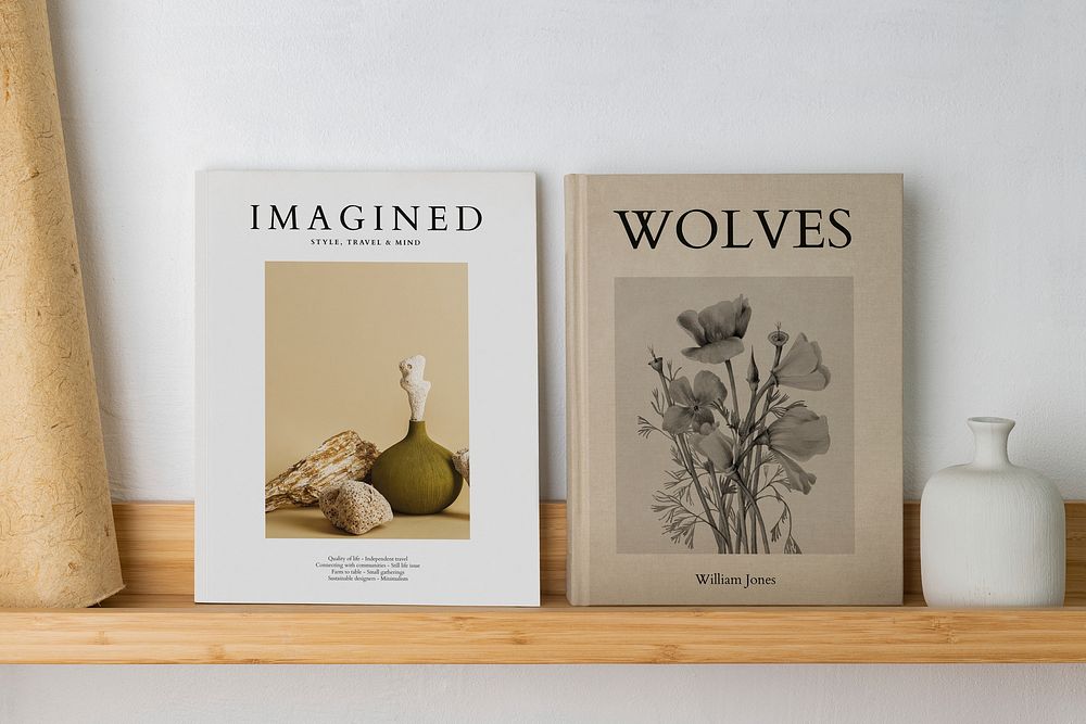 Books on wooden shelf, minimal home decor